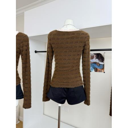 FA46988# 红人馆内搭打底衫女新款秋冬高级感长袖t恤蕾丝v领假两件上衣 服裝批發女裝批發服飾貨源