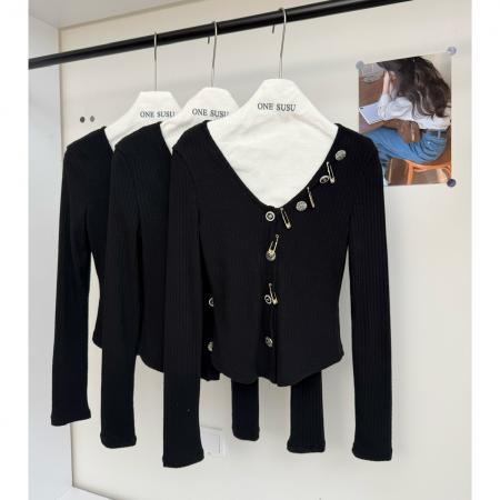 FA46989# 黑金审美法式时髦高级感V领修身显瘦针织衫上衣 服裝批發女裝批發服飾貨源