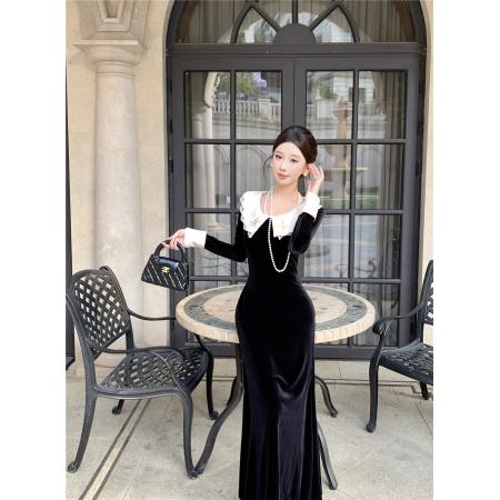 FA46996# 时尚波浪领刺绣蕾丝拼接丝绒连衣裙 服裝批發女裝批發服飾貨源