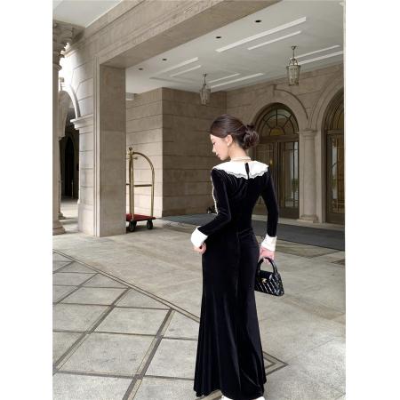 FA46996# 时尚波浪领刺绣蕾丝拼接丝绒连衣裙 服裝批發女裝批發服飾貨源