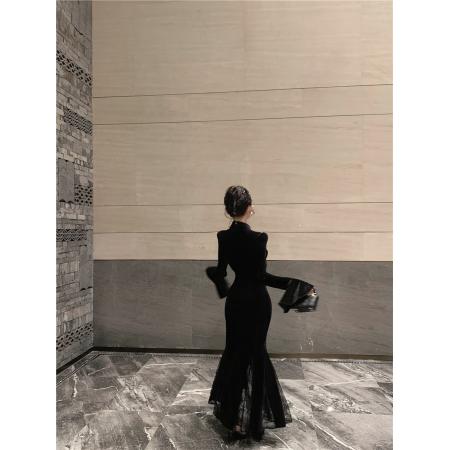 FA46997# 性感蕾丝拼接大摆喇叭袖丝绒连衣裙 服裝批發女裝批發服飾貨源