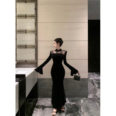 FA46997# 性感蕾丝拼接大摆喇叭袖丝绒连衣裙 服裝批發女裝批發服飾貨源