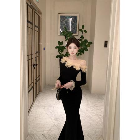 FA46998# 时尚立体花朵网纱拼接斜肩透视鱼尾连衣裙 服裝批發女裝批發服飾貨源