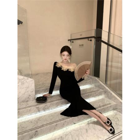 FA46998# 时尚立体花朵网纱拼接斜肩透视鱼尾连衣裙 服裝批發女裝批發服飾貨源