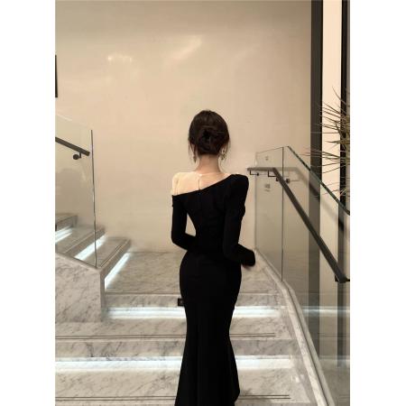 FA46998# 时尚立体花朵网纱拼接斜肩透视鱼尾连衣裙 服裝批發女裝批發服飾貨源