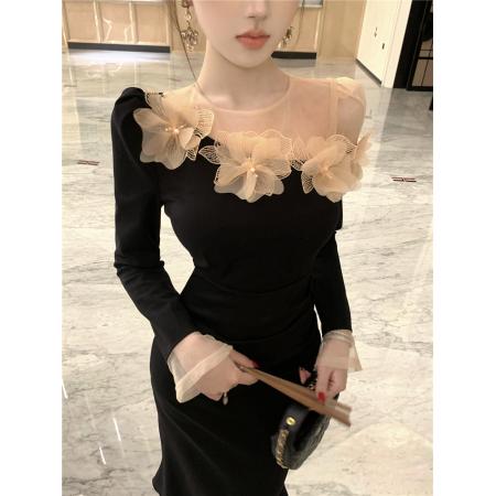 FA46998# 时尚立体花朵网纱拼接斜肩透视鱼尾连衣裙 服裝批發女裝批發服飾貨源