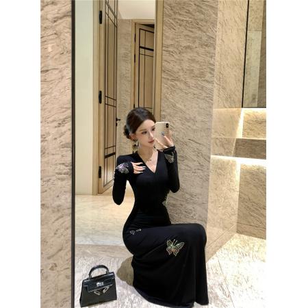 FA46999# 法式V领蝴蝶烫钻针织打底连衣裙 服裝批發女裝批發服飾貨源