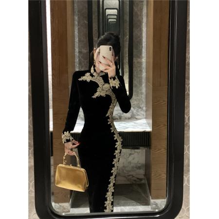 FA47000# 性感蕾丝花边拼接开叉旗袍丝绒连衣裙 服裝批發女裝批發服飾貨源