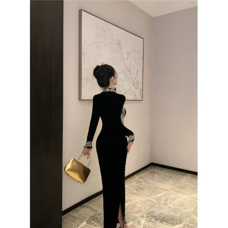 FA47000# 性感蕾丝花边拼接开叉旗袍丝绒连衣裙 服裝批發女裝批發服飾貨源