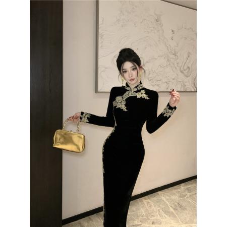 FA47000# 性感蕾丝花边拼接开叉旗袍丝绒连衣裙 服裝批發女裝批發服飾貨源