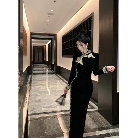 FA47000# 性感蕾丝花边拼接开叉旗袍丝绒连衣裙 服裝批發女裝批發服飾貨源