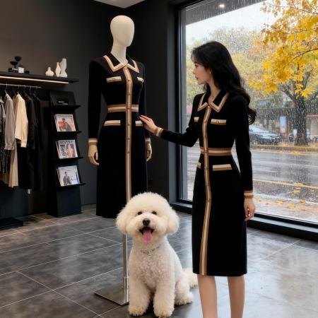 FA47002# 韩国撞色条纹高级感针织毛衣连衣裙秋冬法式穿搭气质打底过膝长裙 服裝批發女裝批發服飾貨源