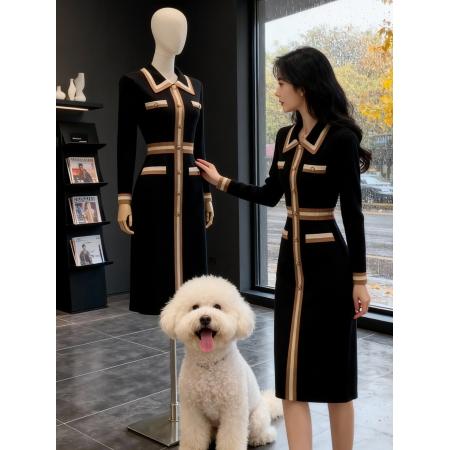 FA47002# 韩国撞色条纹高级感针织毛衣连衣裙秋冬法式穿搭气质打底过膝长裙 服裝批發女裝批發服飾貨源