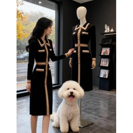 FA47002# 韩国撞色条纹高级感针织毛衣连衣裙秋冬法式穿搭气质打底过膝长裙 服裝批發女裝批發服飾貨源