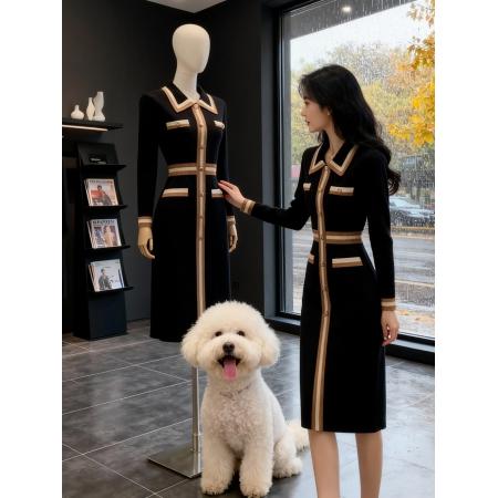 FA47002# 韩国撞色条纹高级感针织毛衣连衣裙秋冬法式穿搭气质打底过膝长裙 服裝批發女裝批發服飾貨源