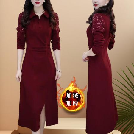 FA47003# 秋冬新款加绒百搭打底连衣裙时尚气质镂空中长款显瘦长裙女 服裝批發女裝批發服飾貨源