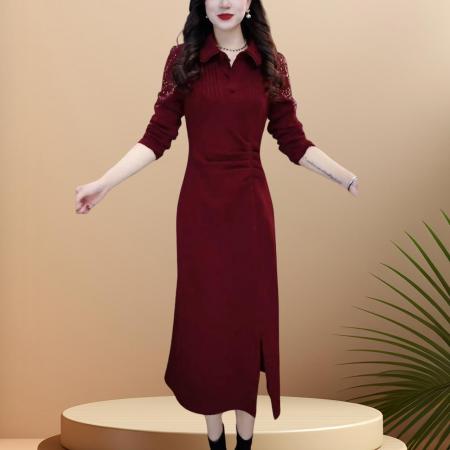 FA47003# 秋冬新款加绒百搭打底连衣裙时尚气质镂空中长款显瘦长裙女 服裝批發女裝批發服飾貨源