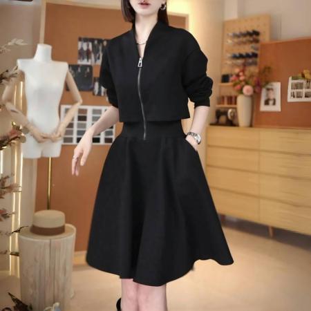 FA47004# 时尚法式设计感长袖连衣裙秋季新款气质显瘦假两件休闲裙子 服裝批發女裝批發服飾貨源