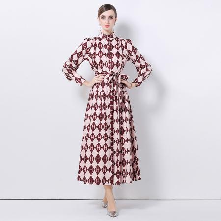 FA47005# -欧美时尚宫廷风立领单排扣印花连衣裙 服裝批發女裝批發服飾貨源