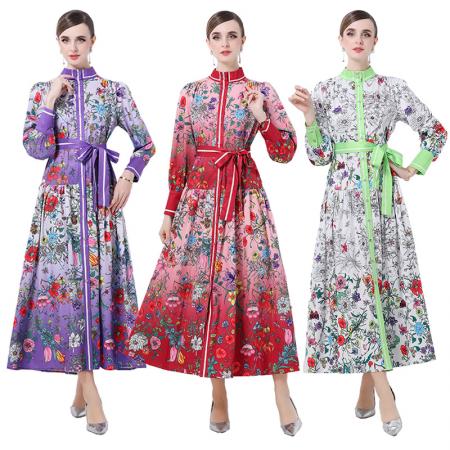 FA47006# -欧美时尚宫廷风立领单排扣印花连衣裙 服裝批發女裝批發服飾貨源