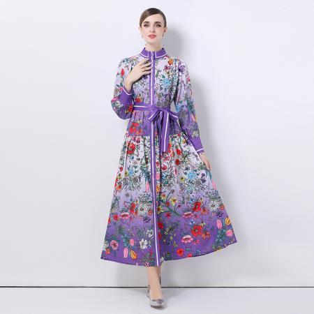 FA47006# -欧美时尚宫廷风立领单排扣印花连衣裙 服裝批發女裝批發服飾貨源