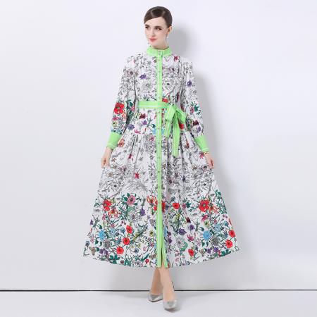 FA47006# -欧美时尚宫廷风立领单排扣印花连衣裙 服裝批發女裝批發服飾貨源