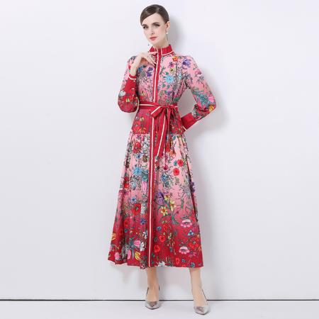 FA47006# -欧美时尚宫廷风立领单排扣印花连衣裙 服裝批發女裝批發服飾貨源