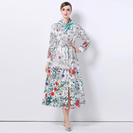 FA47009# -欧美时尚百搭开衫长衬衣定位印花连衣裙配丝巾 服裝批發女裝批發服飾貨源