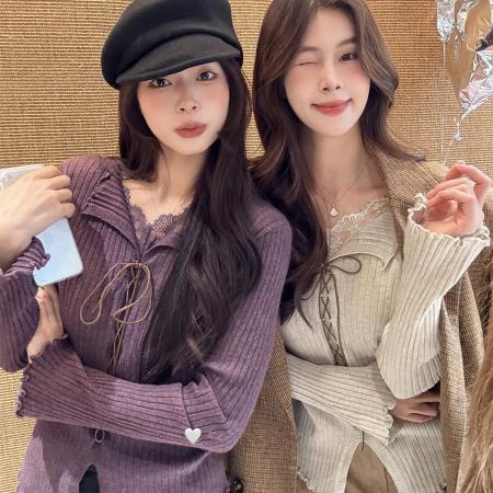 FA47013# 掐腰显瘦绝了韩系风蕾丝边V领绑带针织衫女秋季新款收腰开叉上衣 服裝批發女裝批發服飾貨源