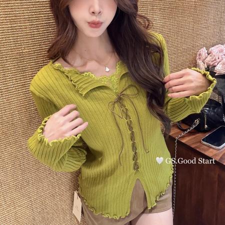FA47013# 掐腰显瘦绝了韩系风蕾丝边V领绑带针织衫女秋季新款收腰开叉上衣 服裝批發女裝批發服飾貨源