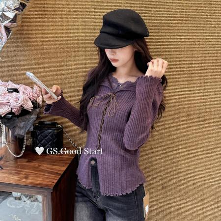 FA47013# 掐腰显瘦绝了韩系风蕾丝边V领绑带针织衫女秋季新款收腰开叉上衣 服裝批發女裝批發服飾貨源