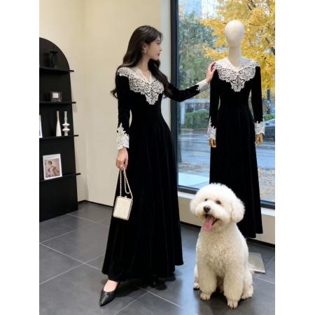 FA47018# 赫本风气质黑色蕾丝连衣裙女装秋冬新款时髦收腰生日礼服长裙 服裝批發女裝批發服飾貨源