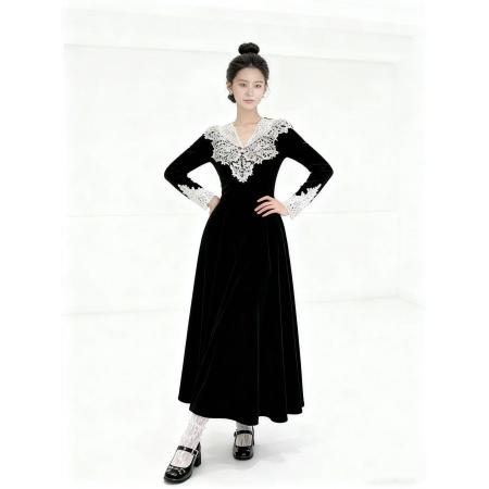 FA47018# 赫本风气质黑色蕾丝连衣裙女装秋冬新款时髦收腰生日礼服长裙 服裝批發女裝批發服飾貨源