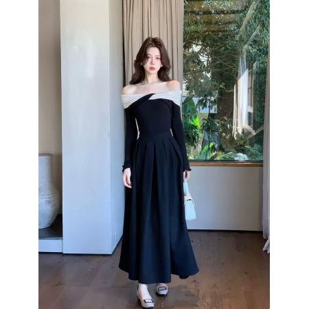 FA47019# 木子李的李设计感交叉领露肩长袖针织衫撞色修身上衣高腰半身裙秋 服裝批發女裝批發服飾貨源