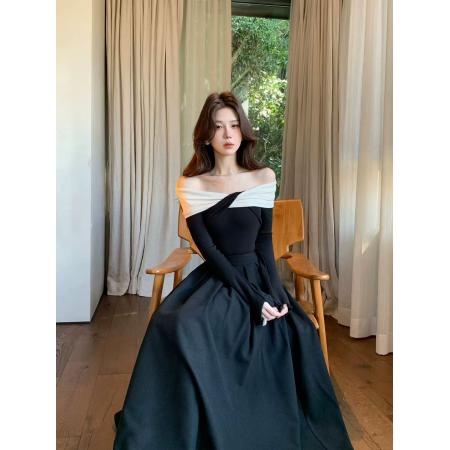 FA47019# 木子李的李设计感交叉领露肩长袖针织衫撞色修身上衣高腰半身裙秋 服裝批發女裝批發服飾貨源