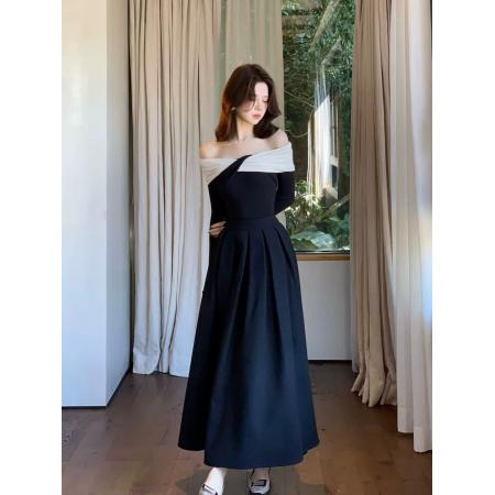 FA47019# 木子李的李设计感交叉领露肩长袖针织衫撞色修身上衣高腰半身裙秋 服裝批發女裝批發服飾貨源