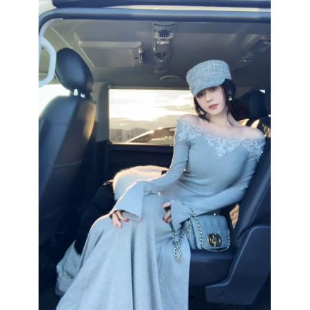 FA47020# 大Eees素锦绣刺绣蕾丝两穿U领针织连衣裙 服裝批發女裝批發服飾貨源