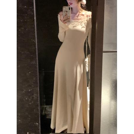 FA47020# 大Eees素锦绣刺绣蕾丝两穿U领针织连衣裙 服裝批發女裝批發服飾貨源