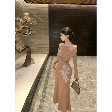 FA47022# 多种穿法假两件优雅长袖连衣裙重工刺绣蕾丝修身垂感鱼尾长裙 服裝批發女裝批發服飾貨源