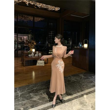 FA47022# 多种穿法假两件优雅长袖连衣裙重工刺绣蕾丝修身垂感鱼尾长裙 服裝批發女裝批發服飾貨源