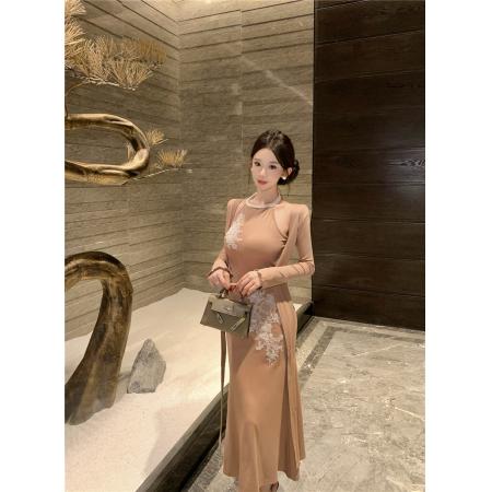 FA47022# 多种穿法假两件优雅长袖连衣裙重工刺绣蕾丝修身垂感鱼尾长裙 服裝批發女裝批發服飾貨源