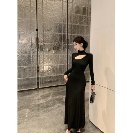FA47024# 黑色性感镂空长袖连衣裙法式高领气质修身内搭小心机镂空长裙 服裝批發女裝批發服飾貨源