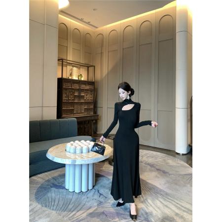 FA47024# 黑色性感镂空长袖连衣裙法式高领气质修身内搭小心机镂空长裙 服裝批發女裝批發服飾貨源