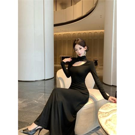 FA47024# 黑色性感镂空长袖连衣裙法式高领气质修身内搭小心机镂空长裙 服裝批發女裝批發服飾貨源