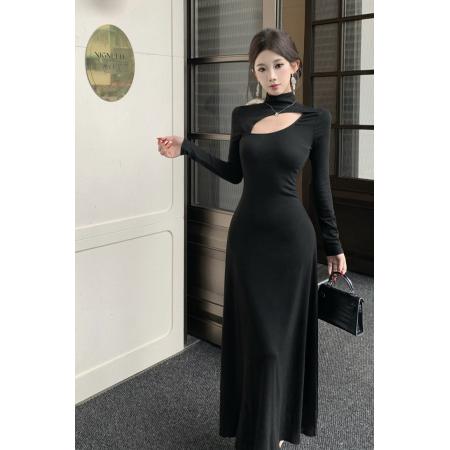 FA47024# 黑色性感镂空长袖连衣裙法式高领气质修身内搭小心机镂空长裙 服裝批發女裝批發服飾貨源