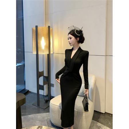 FA47027# 纯欲性感扭结V领长袖连衣裙女新款设计感小众收腰包臀长裙子 服裝批發女裝批發服飾貨源