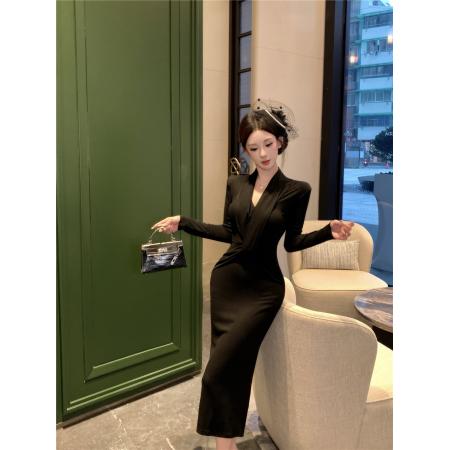 FA47027# 纯欲性感扭结V领长袖连衣裙女新款设计感小众收腰包臀长裙子 服裝批發女裝批發服飾貨源