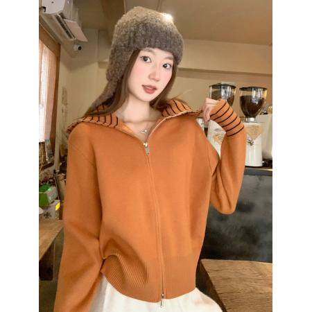 FA47030# 设计感条纹翻领双拉链长袖针织开衫女秋冬新款修身独特百搭小上衣 服裝批發女裝批發服飾貨源