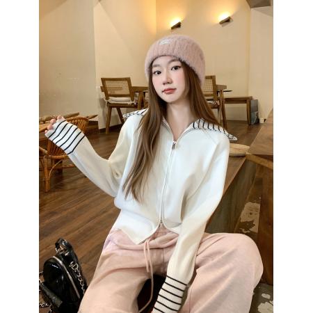 FA47030# 设计感条纹翻领双拉链长袖针织开衫女秋冬新款修身独特百搭小上衣 服裝批發女裝批發服飾貨源