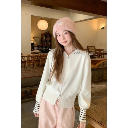 FA47030# 设计感条纹翻领双拉链长袖针织开衫女秋冬新款修身独特百搭小上衣 服裝批發女裝批發服飾貨源